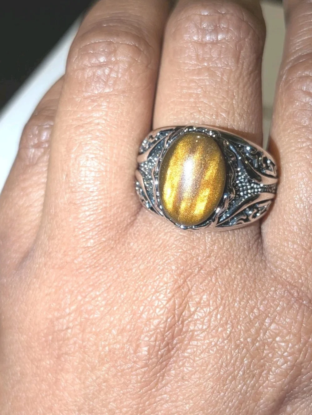 Men Oval Tiger Eye Gemstone Silver Plated Ring , Brown Veined Stone Ring Sz 10
